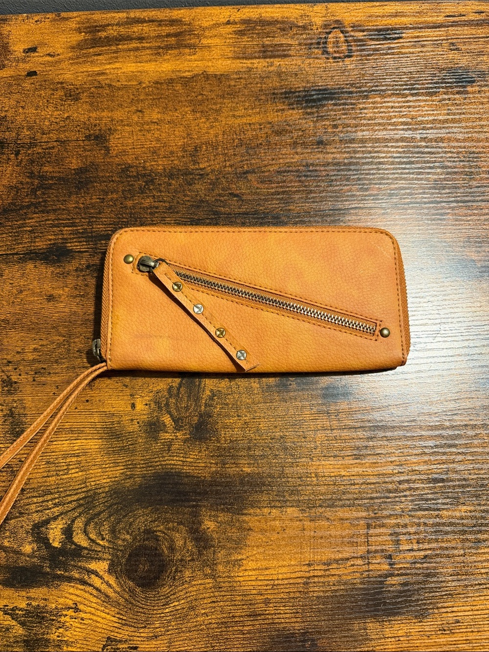 Free People Vegan Leather Zip-Around Wristlet Wallet Tan Studded Boho